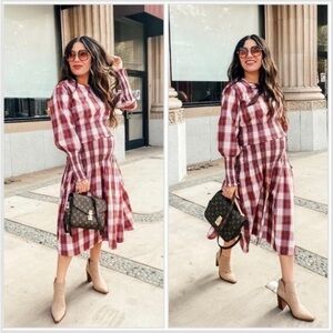 Something Navy Blanche Smocked Plaid Midi Dress Small NWOT Preppy Classic